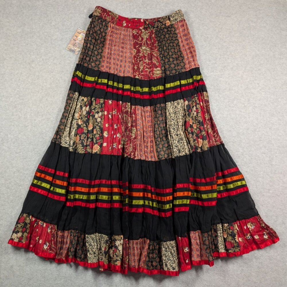 NWT~Sacred Threads~Gypsy Fever Floral Patchwork Ribbon Trim Multi-Tiered Skirt